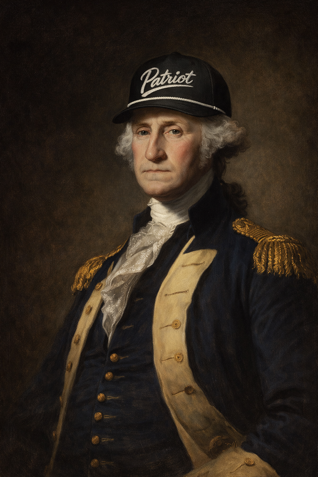 Portrait of a historical figure wearing a 'Patriot' cap against a dark background
