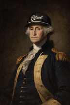 Portrait of a historical figure wearing a 'Patriot' cap against a dark background