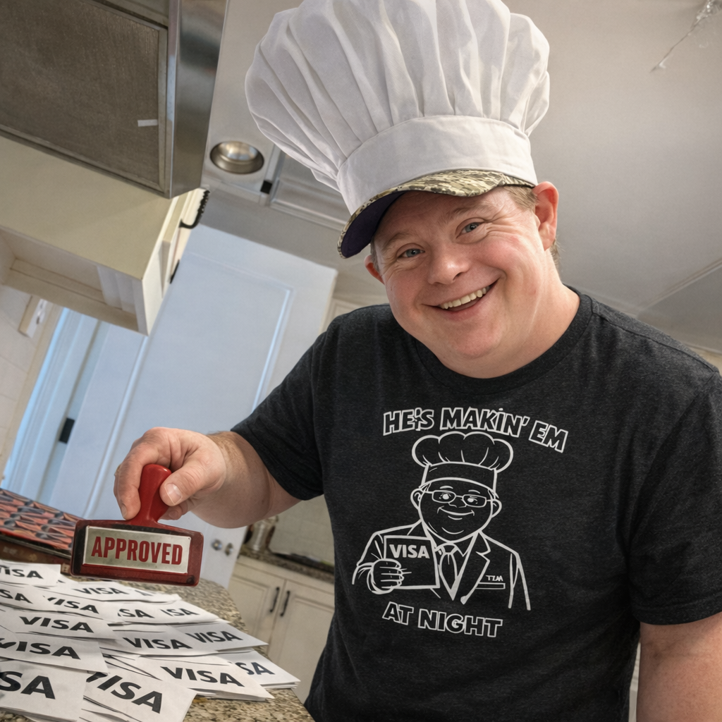 Person wearing a chef hat and black t-shirt with a graphic design, standing in a kitchen.