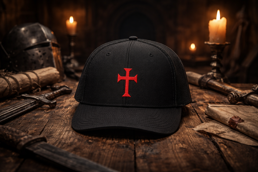 Black cap with a red cross on a wooden surface with candles and armor in the background