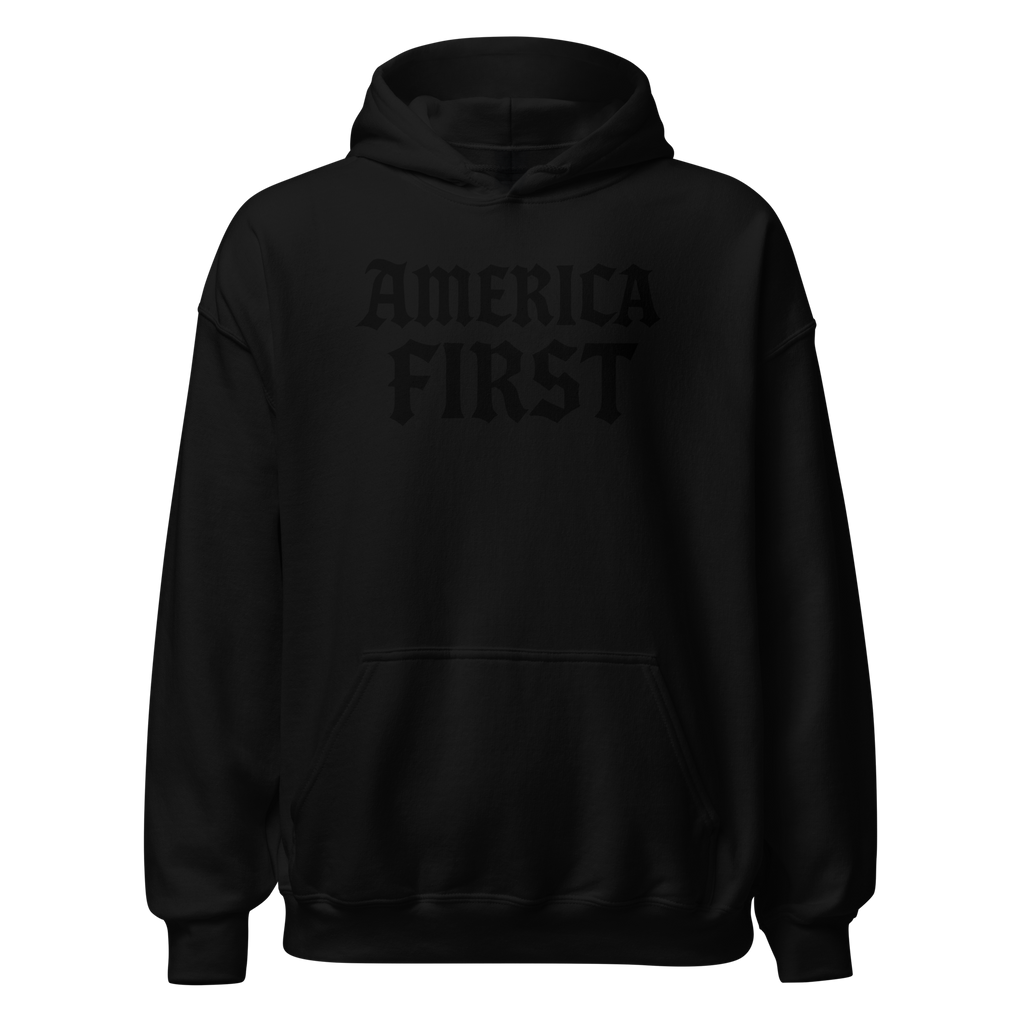 Black hoodie with 'AMERICA FIRST' text on a white background
