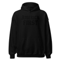 Black hoodie with 'AMERICA FIRST' text on a white background