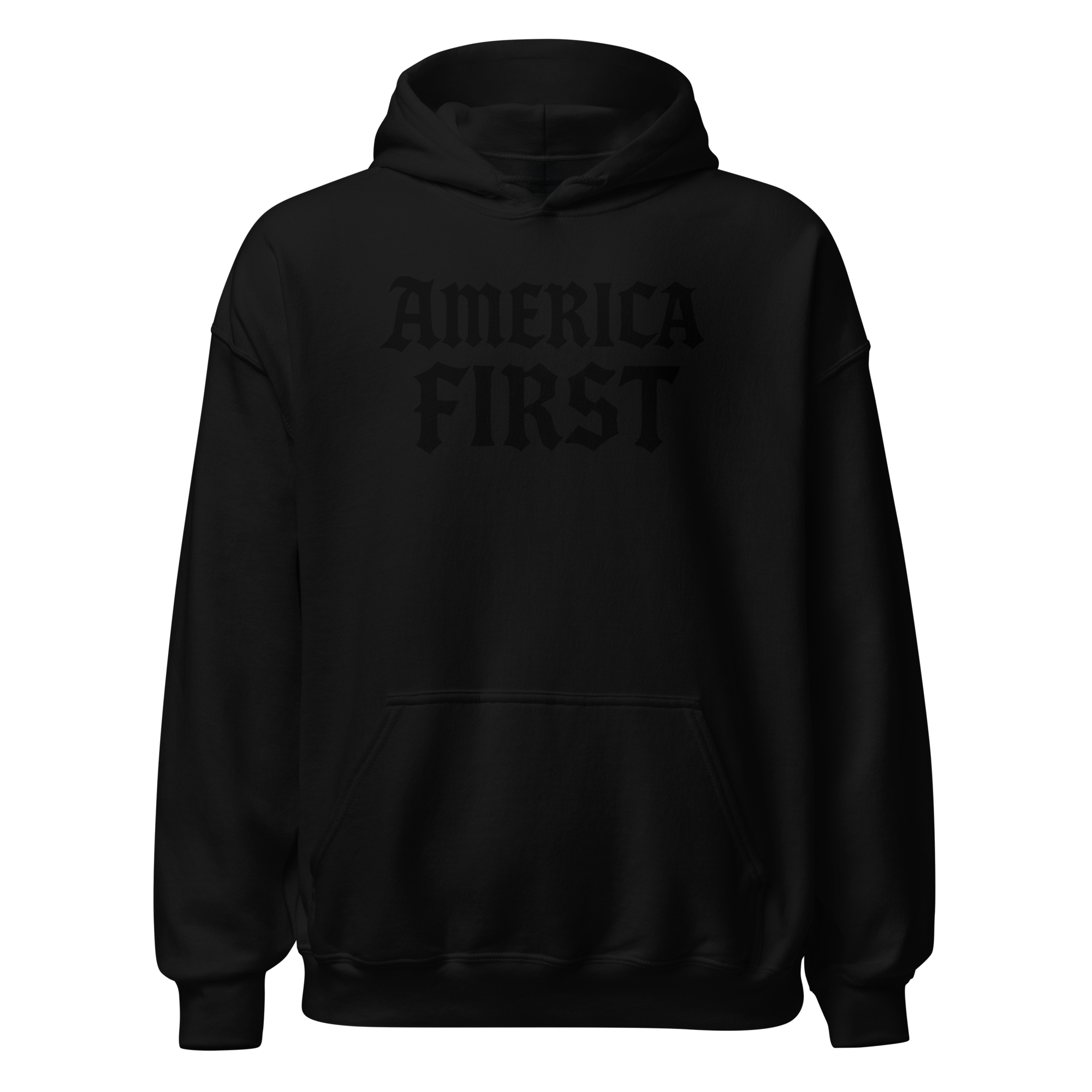 Black hoodie with 'AMERICA FIRST' text on a white background