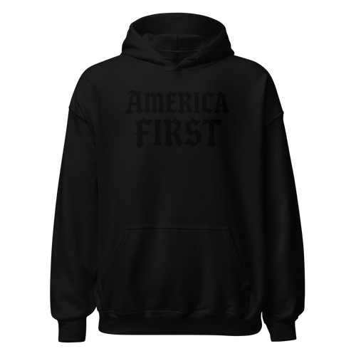 Black hoodie with 'AMERICA FIRST' text on a white background