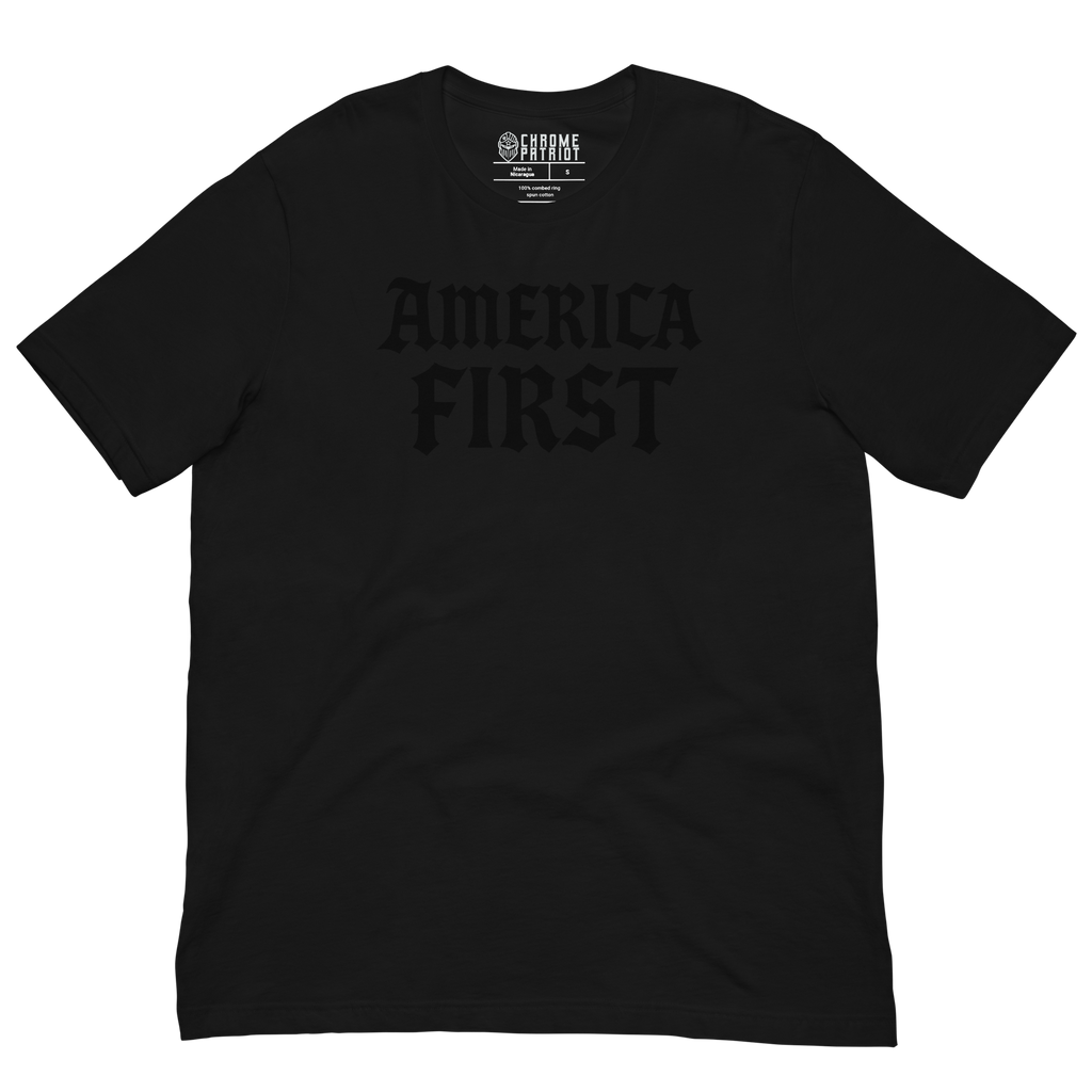 Black t-shirt with 'AMERICA FIRST' text and Supreme logo on a white background
