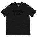 Black t-shirt with 'AMERICA FIRST' text and Supreme logo on a white background
