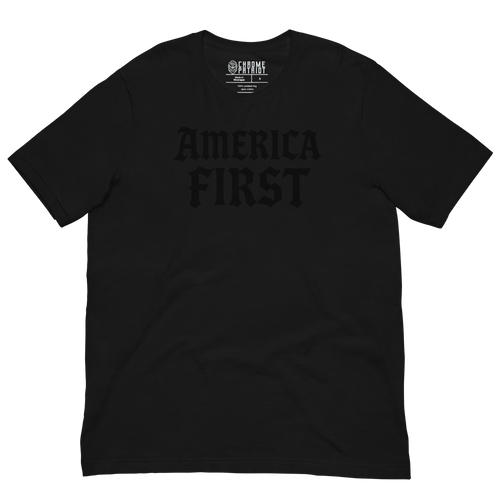 Black t-shirt with 'AMERICA FIRST' text and Supreme logo on a white background