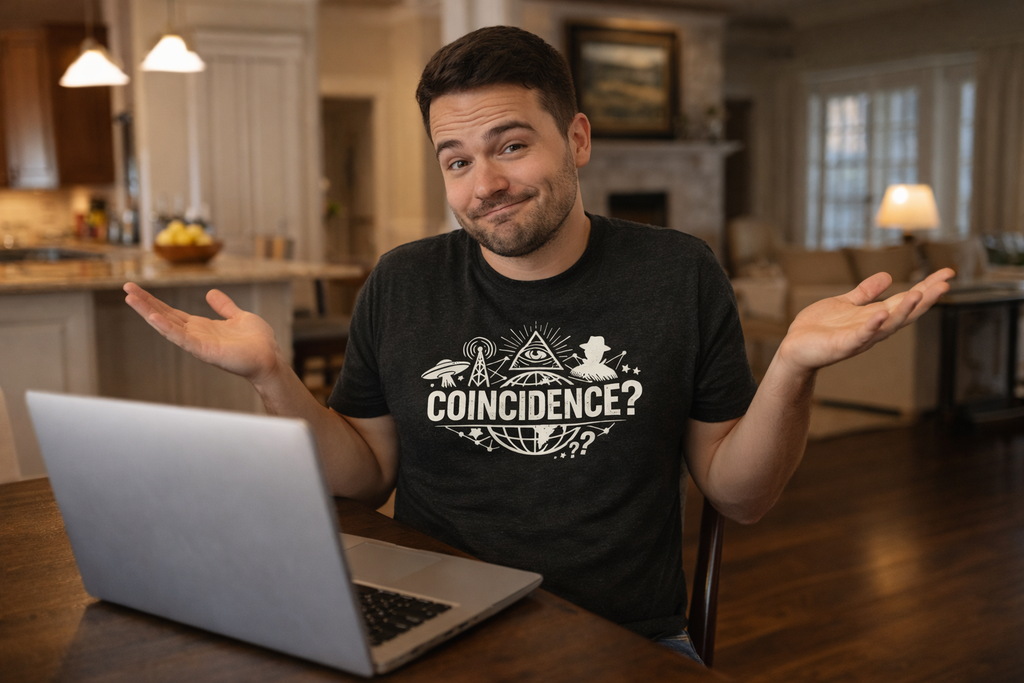 Man wearing a t-shirt with 'Coincidence?' design, sitting at a laptop in a kitchen.