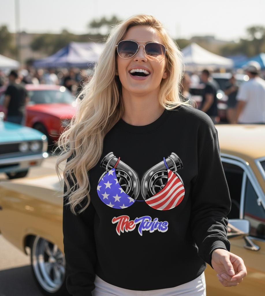 Woman wearing a black sweatshirt with turbocharger design and American flag, standing in front of vintage cars.