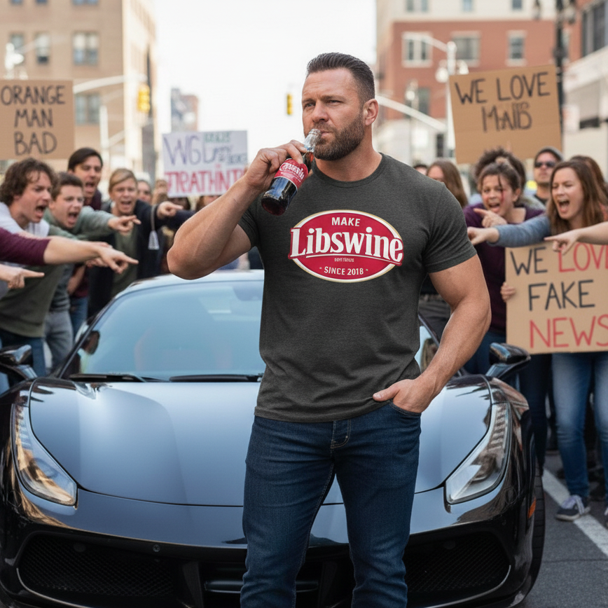Man in 'Make Libswine' shirt drinking from a bottle, surrounded by protesters with signs, near a car.
