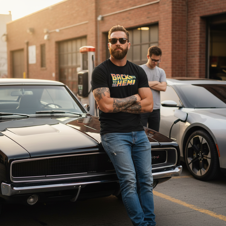 Man standing next to a classic car with another person in the background, in front of a brick building.