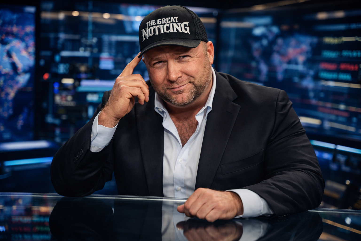 Man wearing a cap with 'The Great Notching' text in a news studio setting.