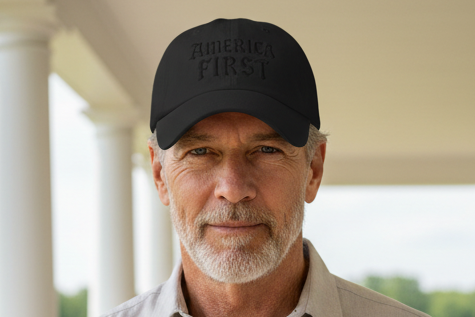 Man wearing a black cap with 'AMERICA FIRST' text, standing on a porch with a scenic background.