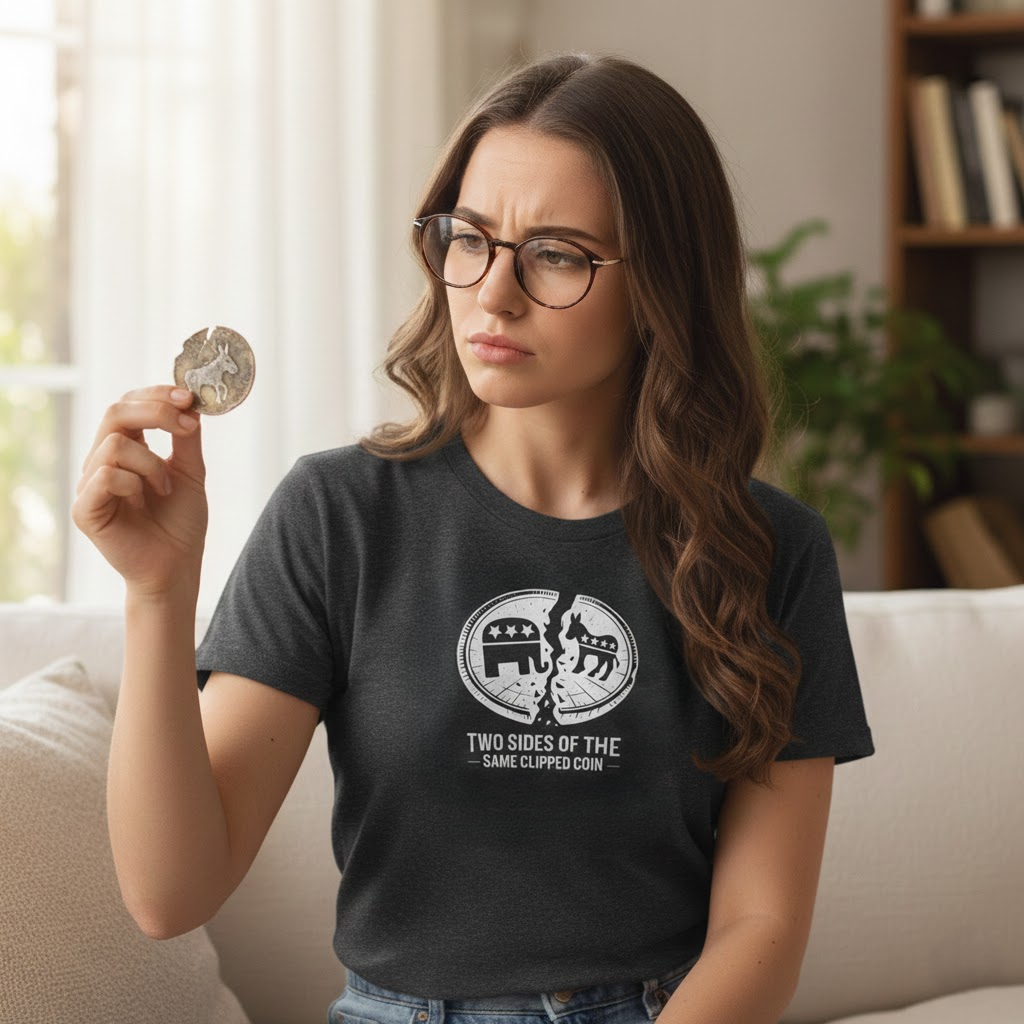 Woman holding a coin and wearing a black t-shirt with a graphic design, sitting on a couch.