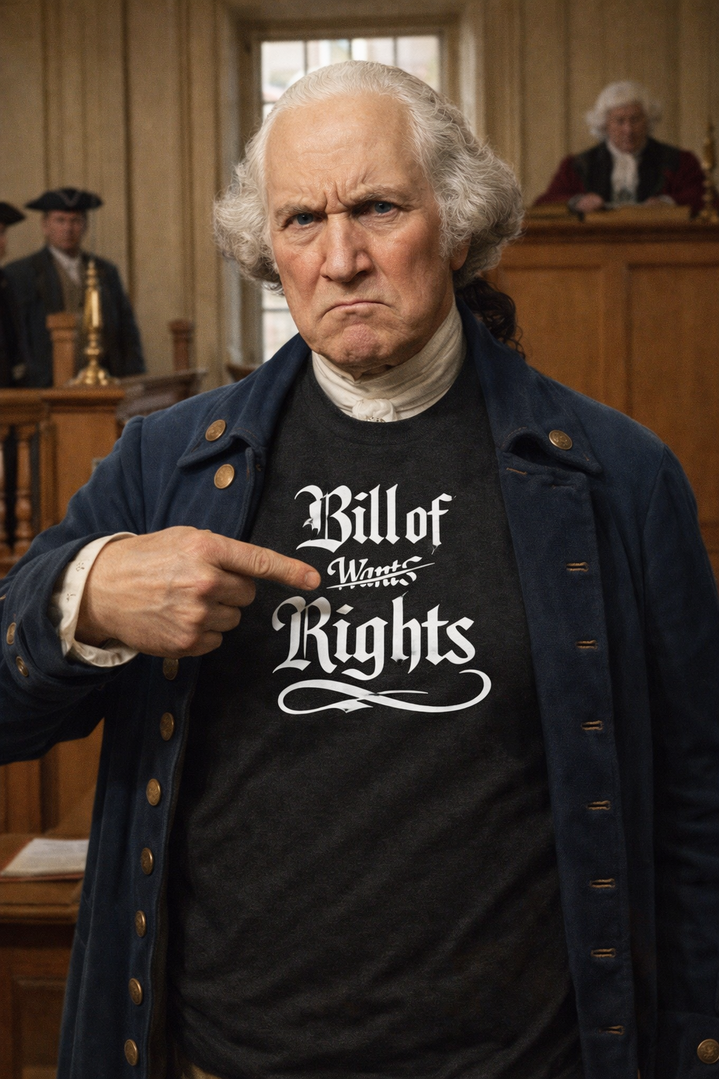 Man wearing a shirt with 'Bill of Rights' text in a historical setting