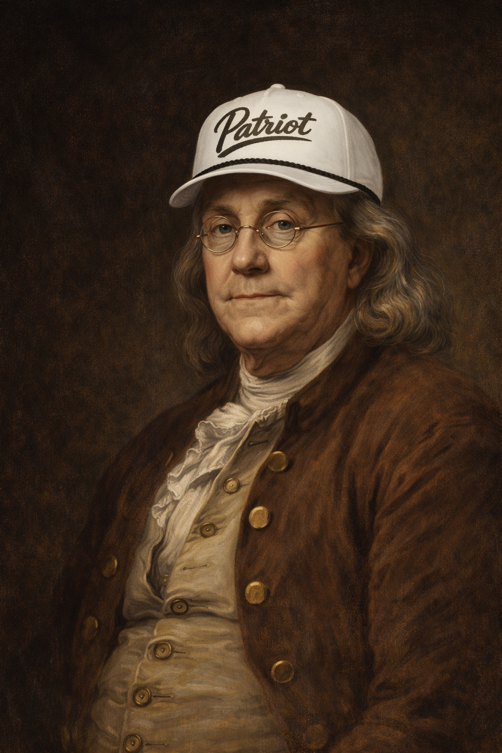 Portrait of a person wearing a white cap with 'Patriot' text against a dark background