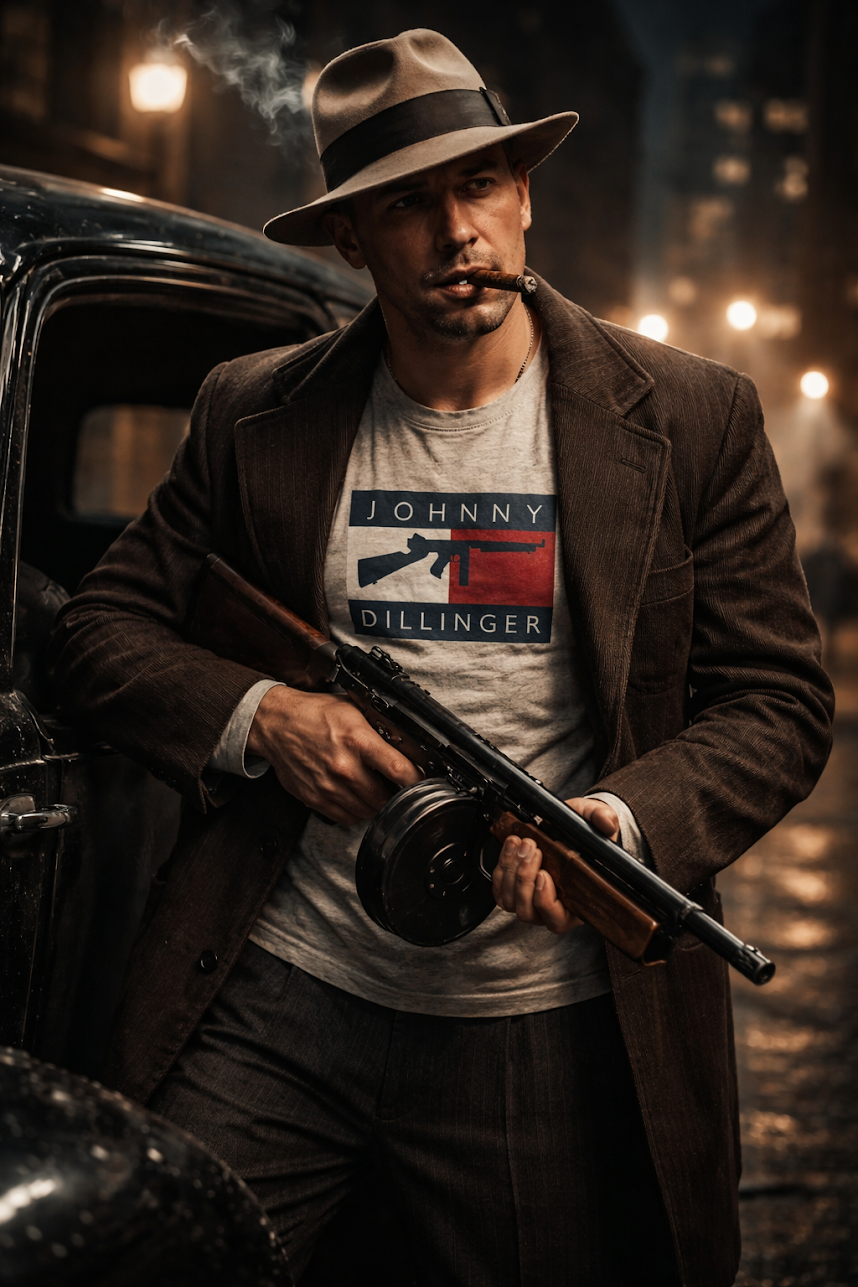 Man in a trench coat and fedora holding a gun, wearing a shirt with 'Johnny Dillinger' graphic.