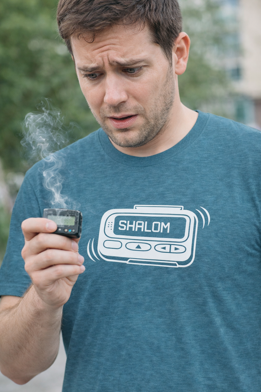 Man holding a smoking device with 'Shalom' on the screen, wearing a blue t-shirt with a similar design.