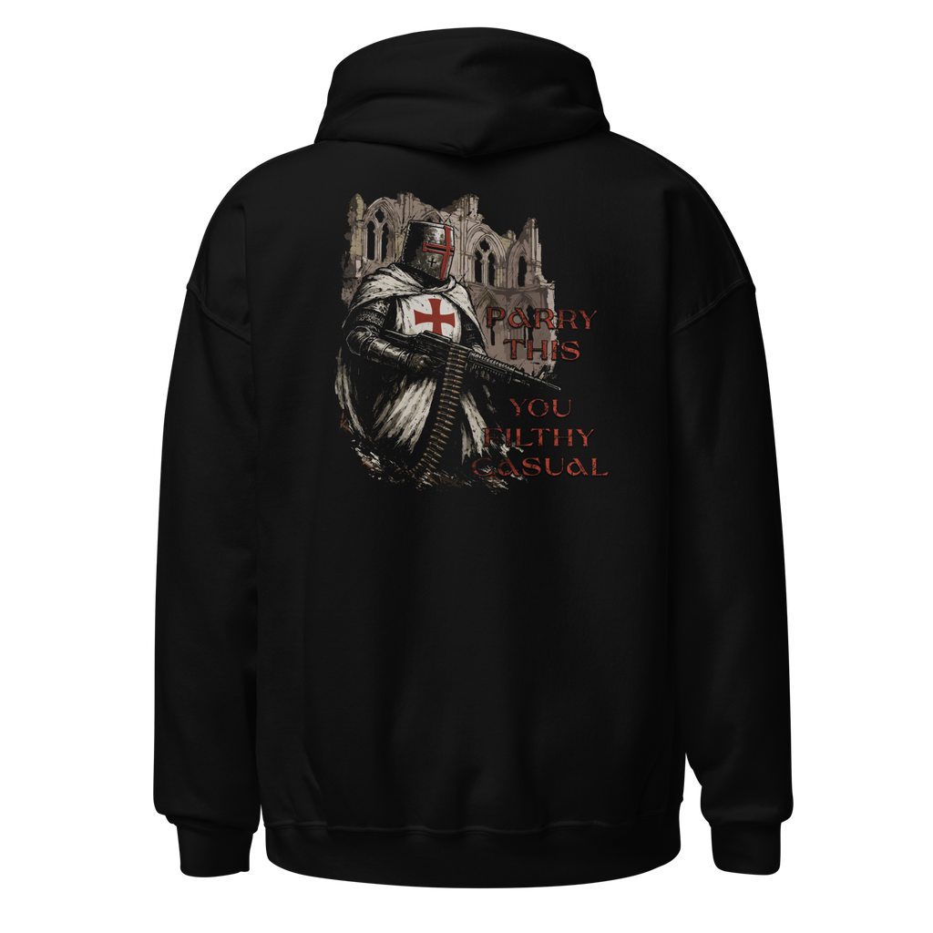 Black hoodie with a graphic design on the back featuring a knight and text.