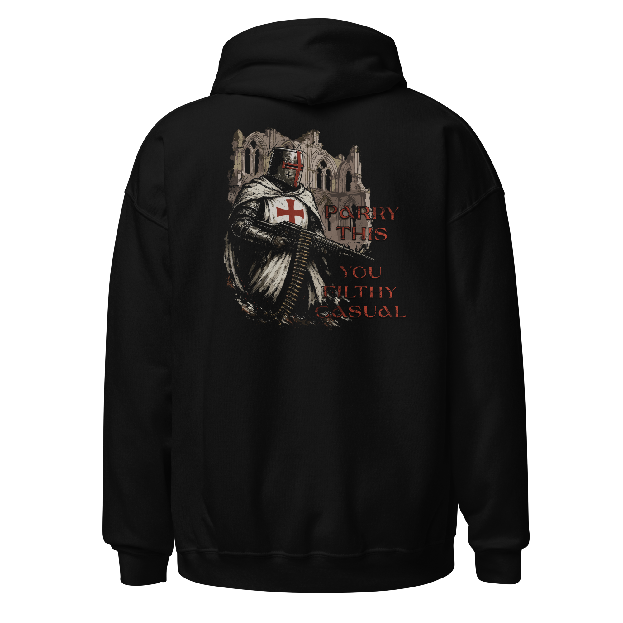 Black hoodie with a graphic design on the back featuring a knight and text.