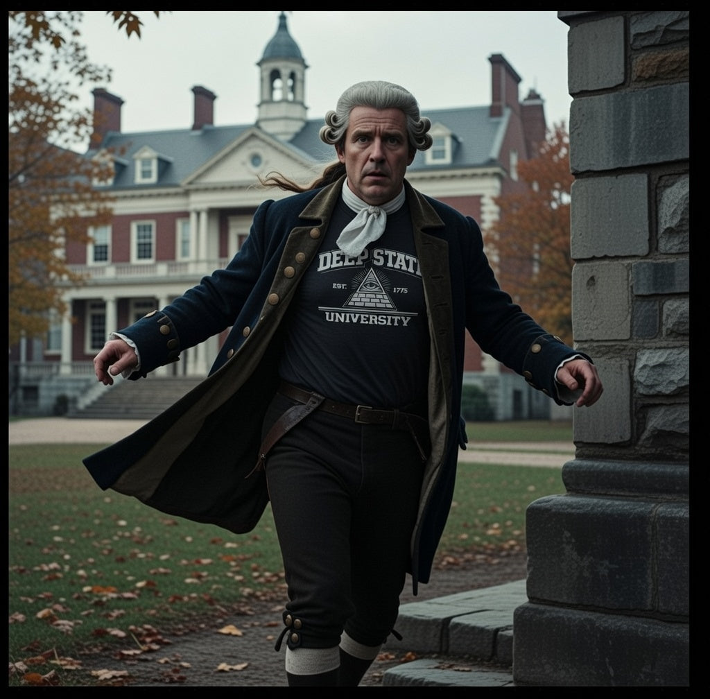 Person in historical costume with 'Deep State University' shirt in front of a building