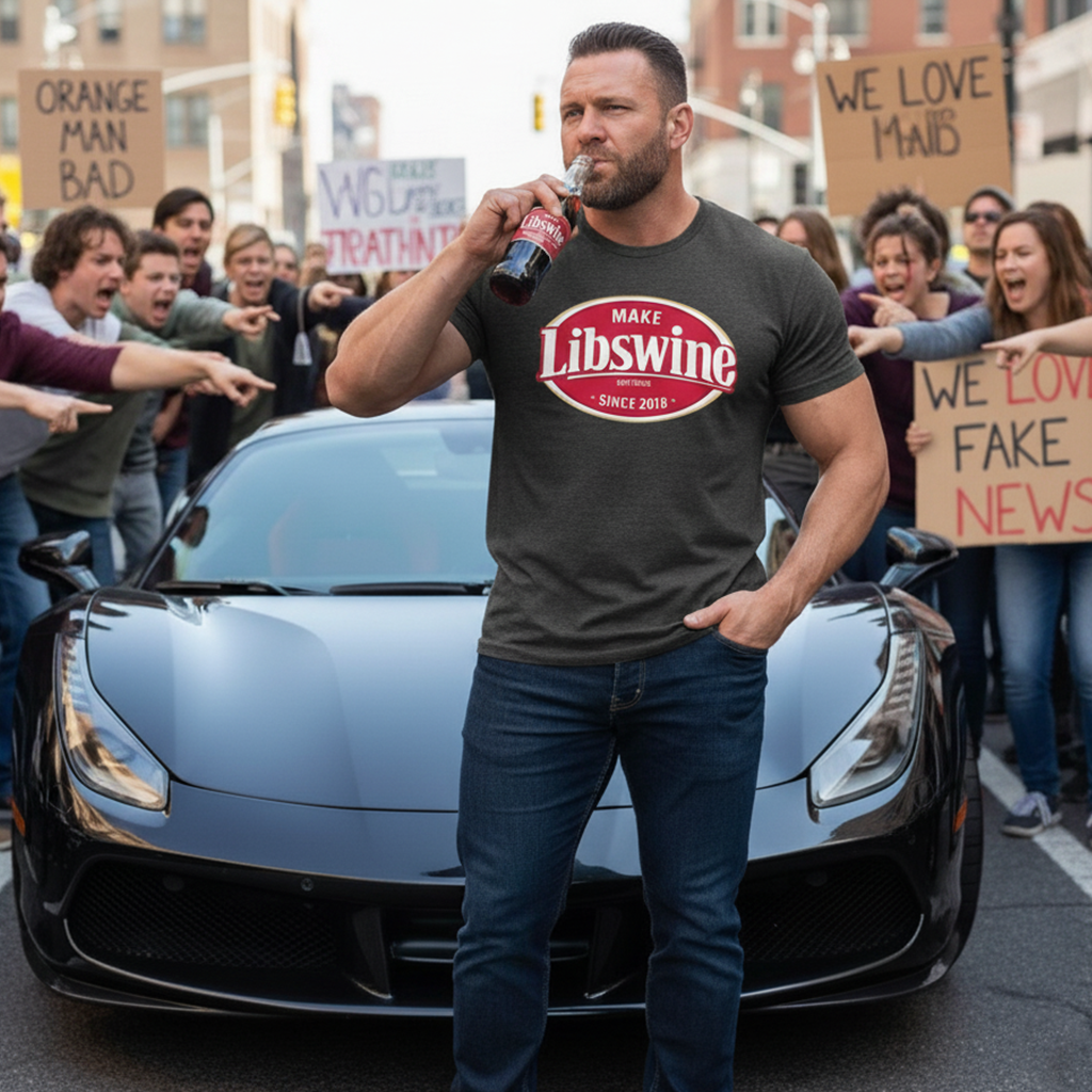 Man in 'Make Libswine' shirt drinking from a bottle in front of a car with protesters in the background