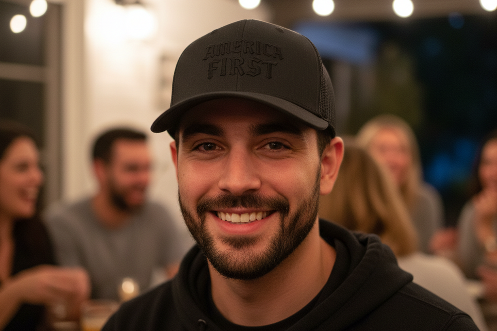 Black cap with 'America First' text on a white background