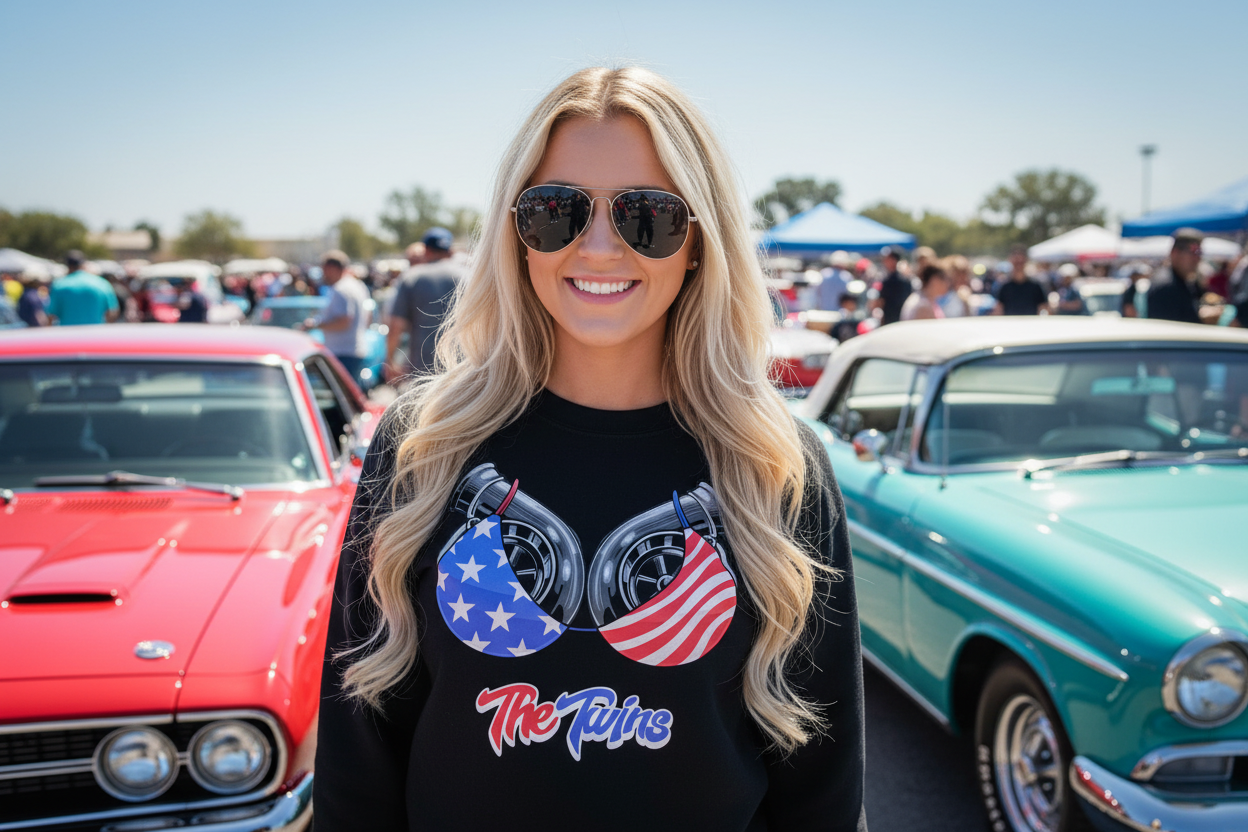 Black sweatshirt with turbocharger design and 'The Twins' text on a white background