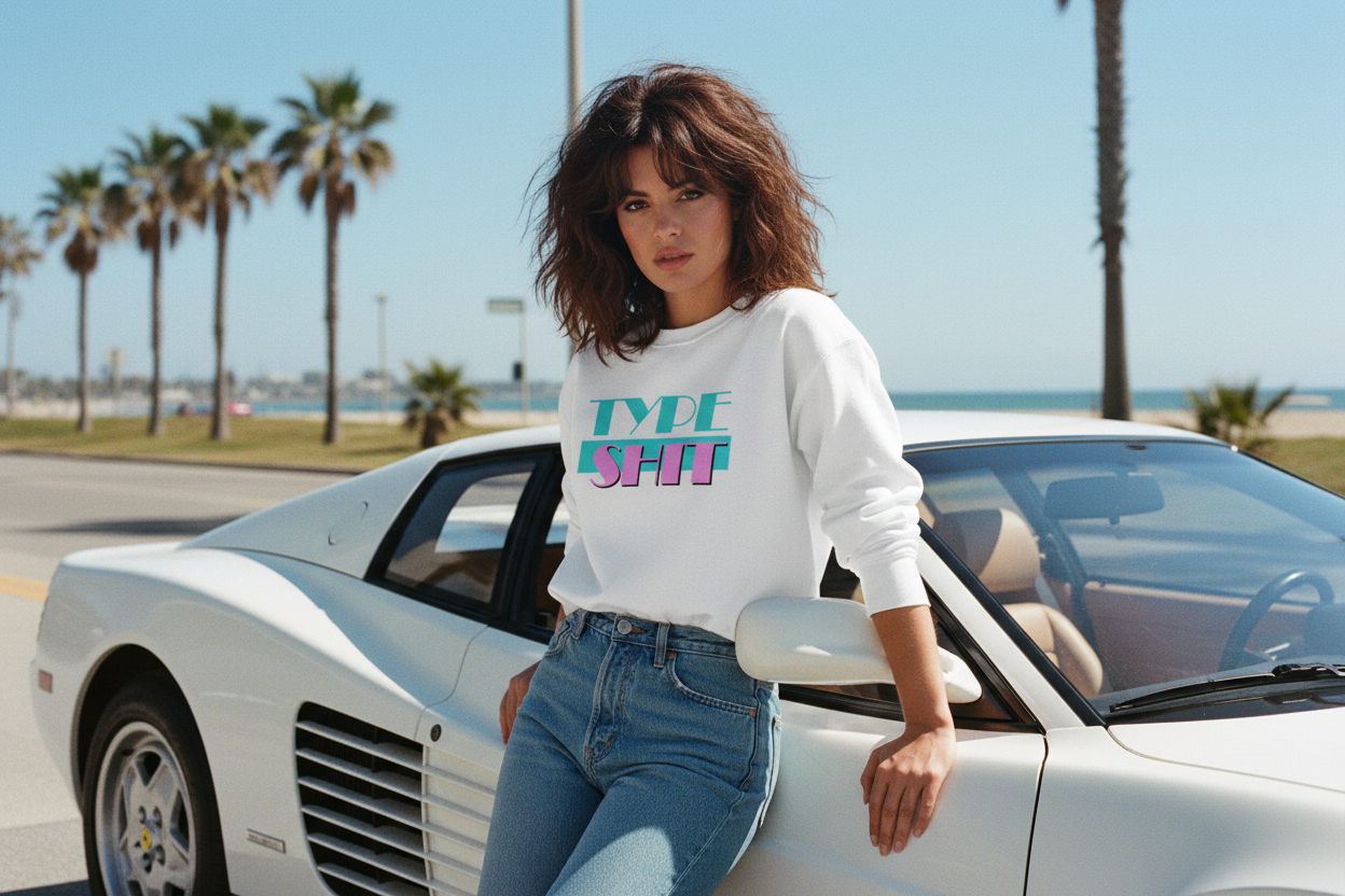 Woman leaning on a classic car with palm trees and a clear sky in the background