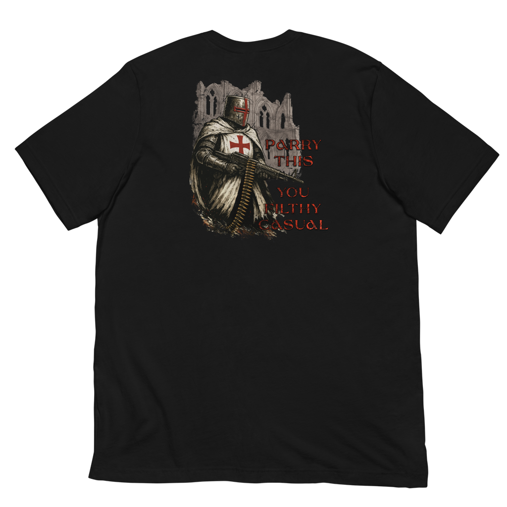 Black t-shirt with a graphic design on the back featuring a knight and text.