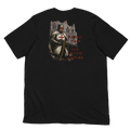 Black t-shirt with a graphic design on the back featuring a knight and text.