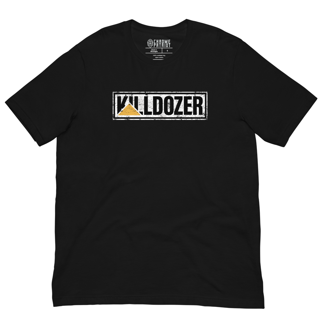 Black t-shirt with 'WALDOZER' logo on a white background