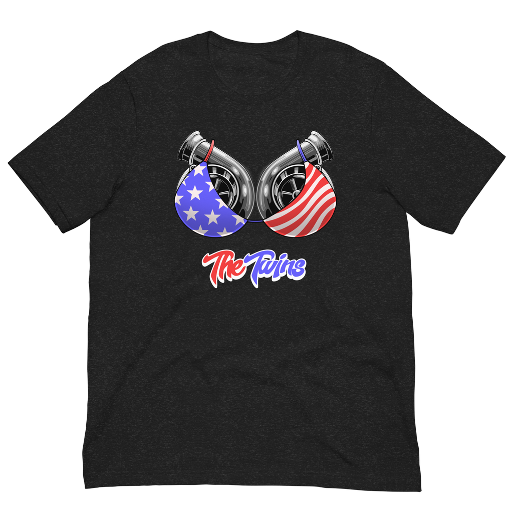 Black t-shirt with turbocharger design and American flag colors on a white background