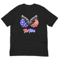 Black t-shirt with turbocharger design and American flag colors on a white background