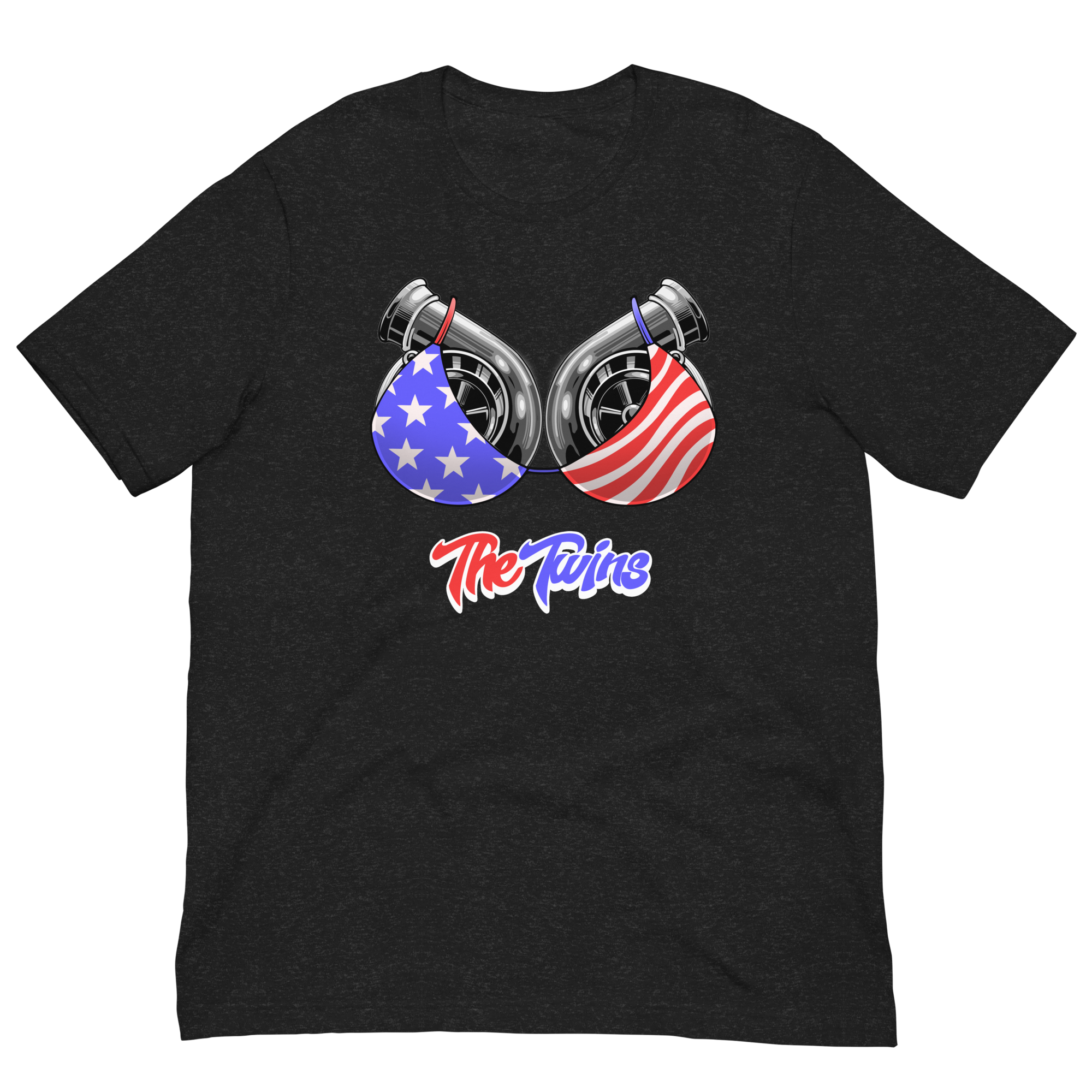 Black t-shirt with turbocharger design and American flag colors on a white background
