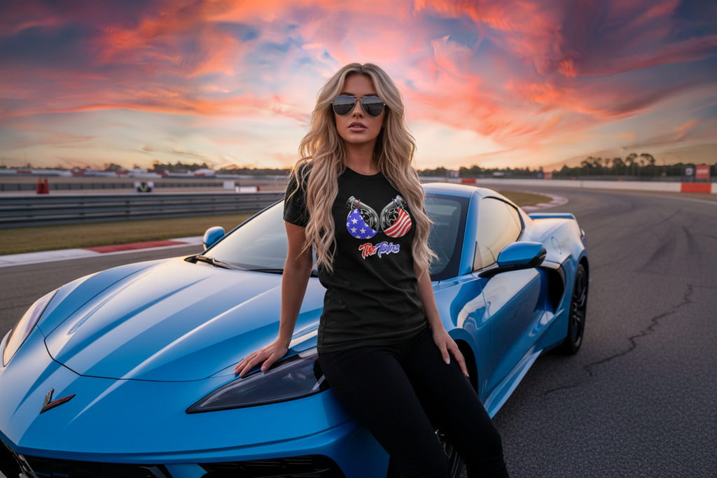 Woman posing on a blue sports car with a colorful sky in the background