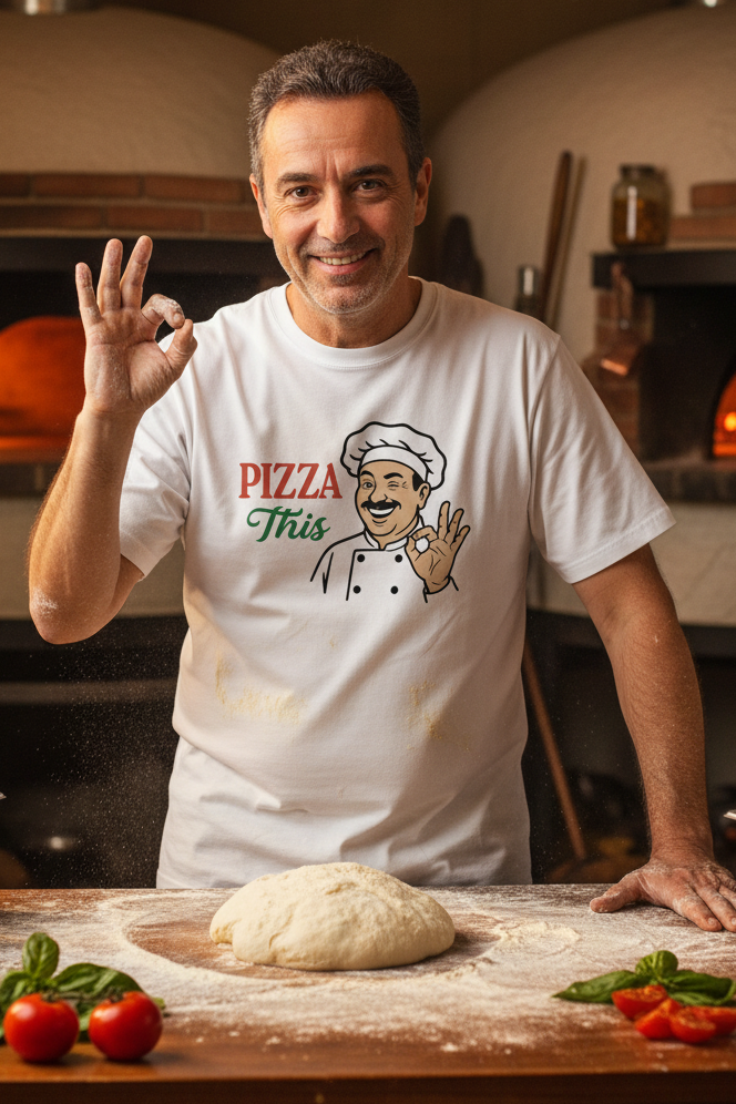 Man in a pizza-themed t-shirt standing in front of a pizza oven with pizza dough on a wooden table.