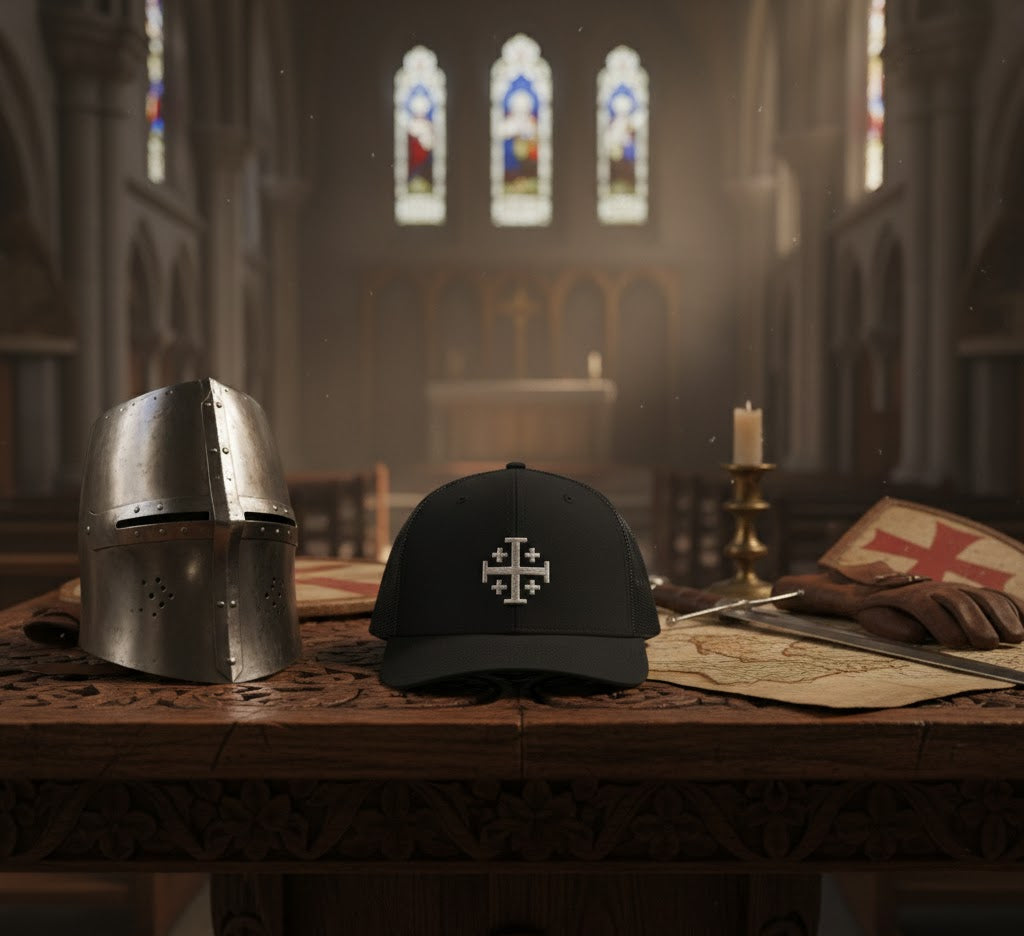 Helmet and black cap with a cross emblem on a wooden table in a cathedral setting