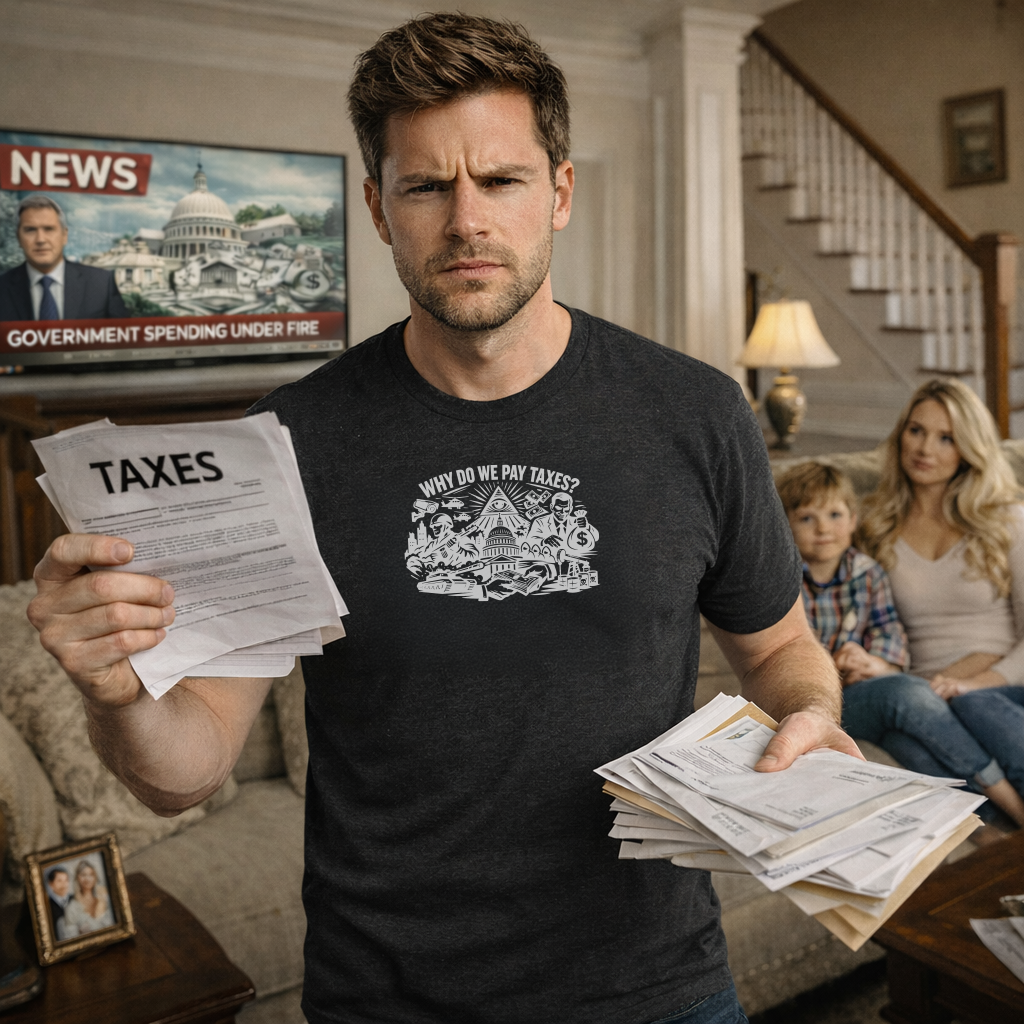 Man holding tax documents in a living room with family in the background